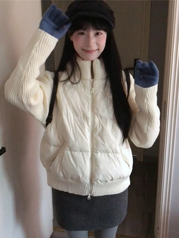

Winter New Sle Small Size Knitted Patchwork Cotton Jaet Women's Korean Slimming Warm Stand Collar Trendy Zipper Closure