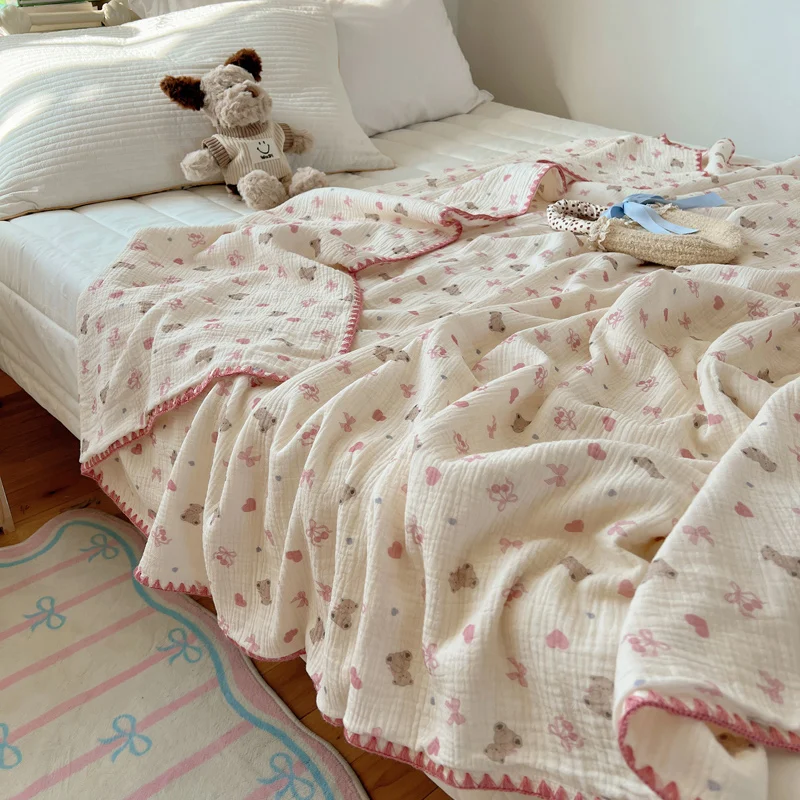 100% Cotton Blanket INS Style Pure Cotton Crepe Yarn Summer Blanket Single/Queen/King Size Cartoon Quilt for Kids Soft Plaids
