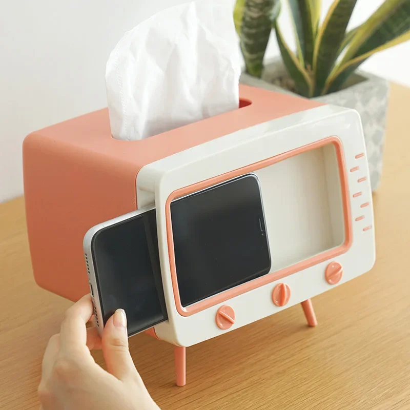 Creative 2 In 1 TV Tissue Box Desktop Paper Holder Dispenser Storage Napkin Case Organizer with Mobile Phone Holder