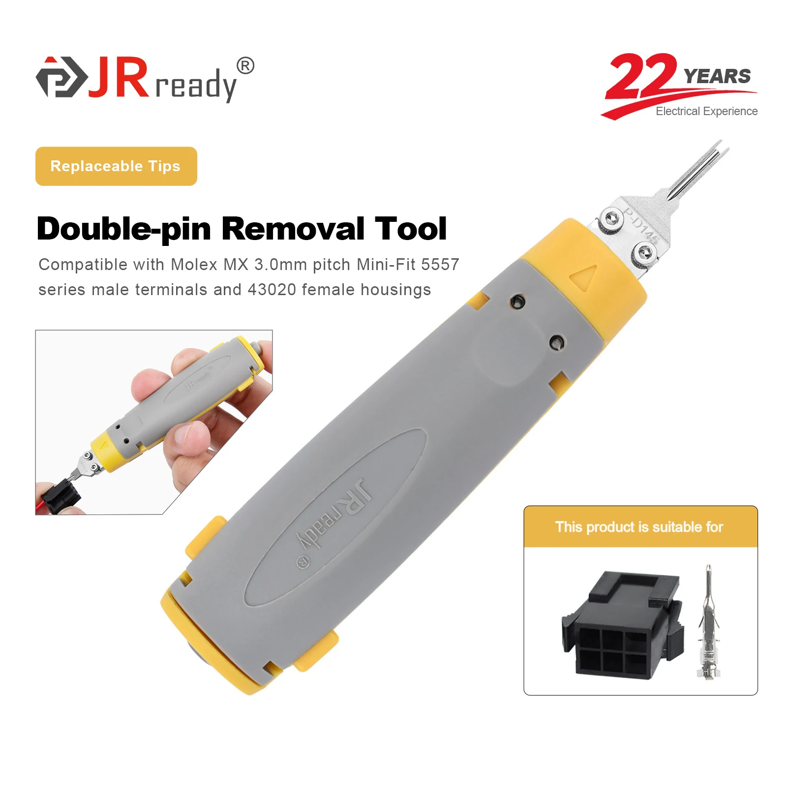 

Инструмент для извлечения контактов JRready JRconDRK-D145P с двумя штырьками для разъемов Molex MX3.0mm серии 5557 (мужские) и корпусов 43020 (женские)