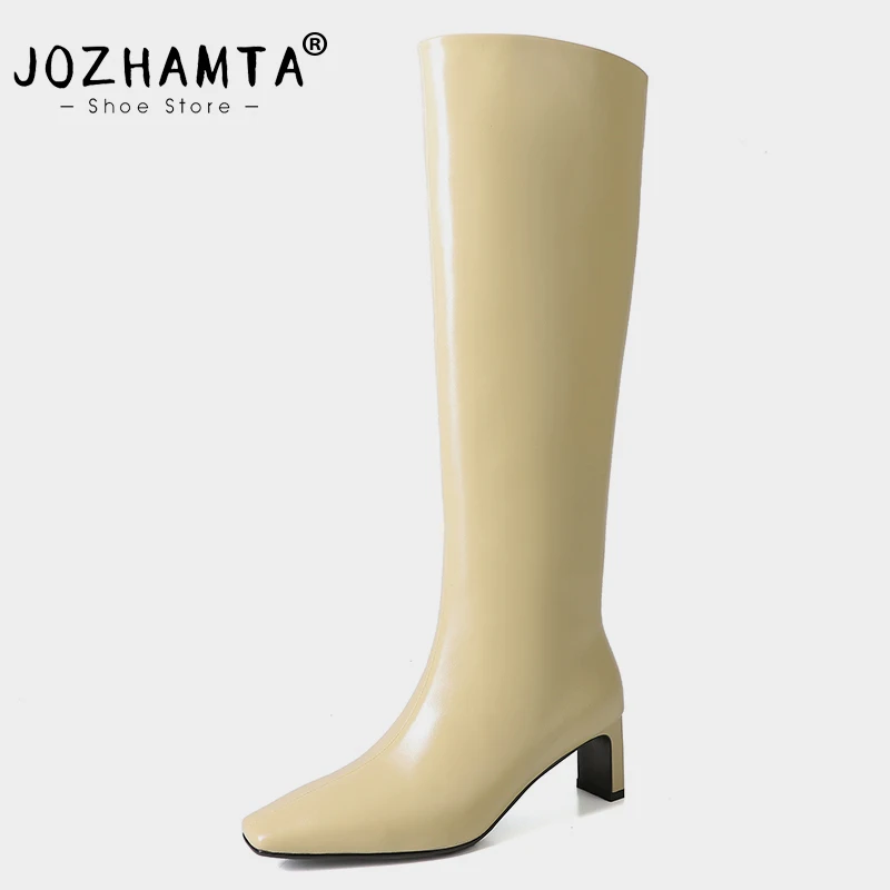 JOZHAMTA-Botas hasta la rodilla de cuero genuino para mujer, zapatos de tacón alto grueso, botas largas de pantorrilla ancha, talla 34-40, Otoño e Invierno