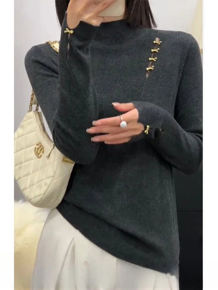 Blusa Feminina Elegante de Tricô Vazado com Gola Alta e Manga Longa, Efeito Emagrecedor e Antienvelhecimento, da Lanli, em Fi...