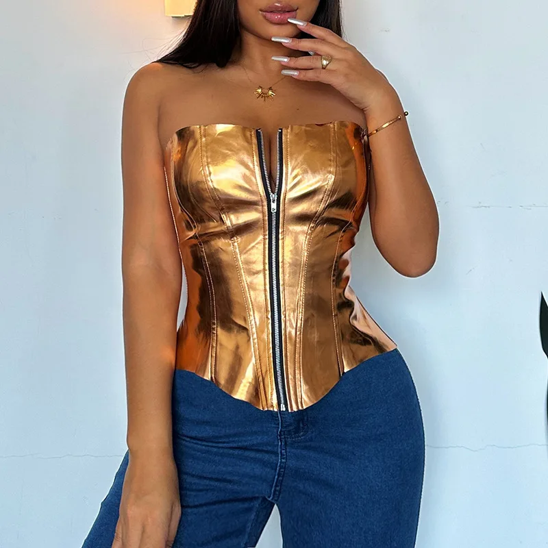 

2024 Women's sexy and fashionable metal bright leather wrap chest top, slim fitting vest, waist tie