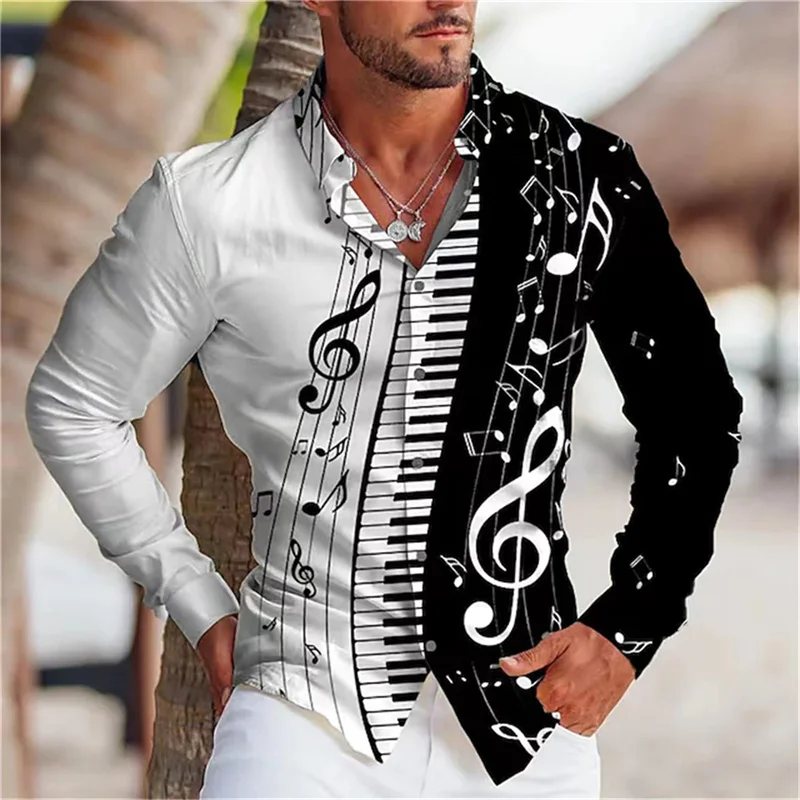 Chemise à manches longues pour hommes avec imprimé musical, t-shirt boutonné, design confortable et élégant, tenue décontractée, nouvelle