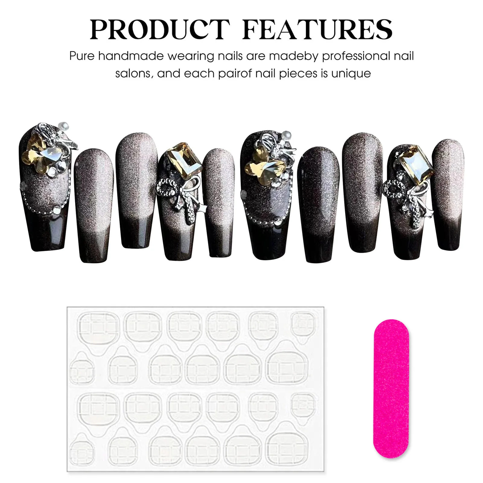 10Pcs Handmade Fake Nails Glossy Black Long Coffin Press on Nails Sparkly Diamond Bowknot Decor False Nails Tips Charm Manicure