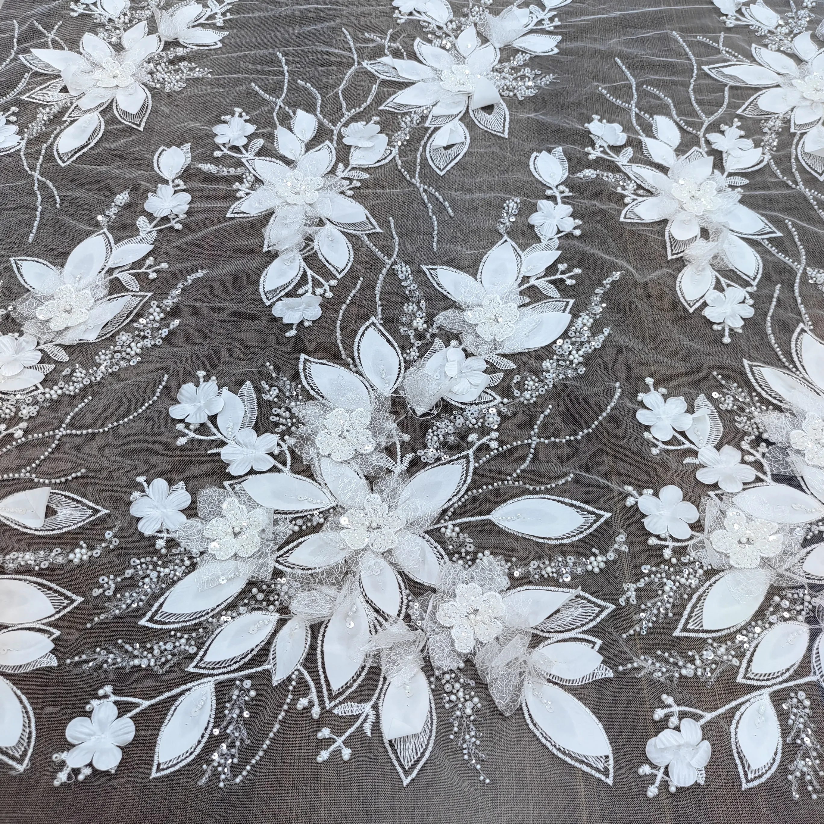 

DIY Embellishments Material Hand Beaded Tulle with Sequins Rhinestones Lace Fabric for Bridal Wedding Dress Fabric