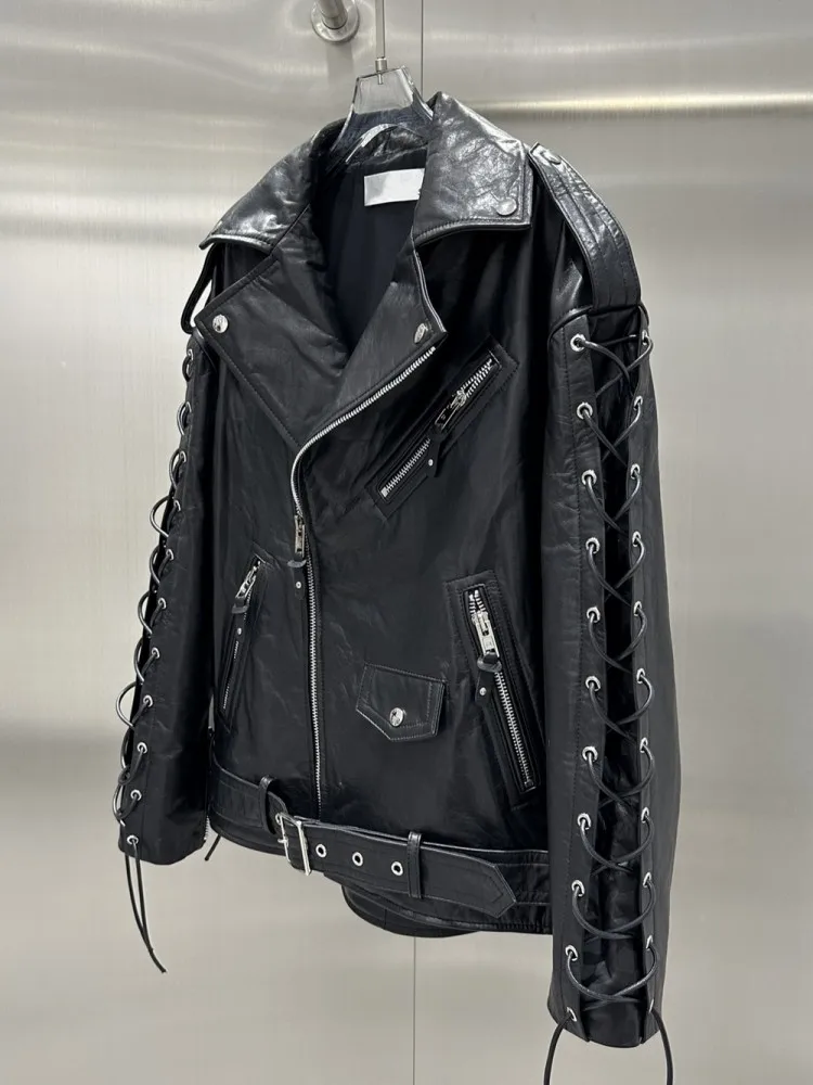 Italian Designer Women Moto Biker Cowhide Genuine Leather Jacket Lace Up Rock Stage Show Coat Belted Autumn Luxury Punk Jacket