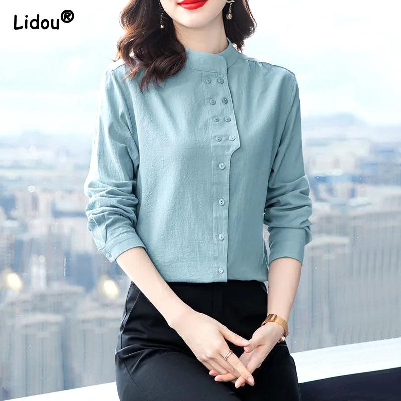 

Women Shirt Half High Collar Spring Summer Numb Office Lady Single Breasted Solid Splicing Comfortable Simple Women's Clothing