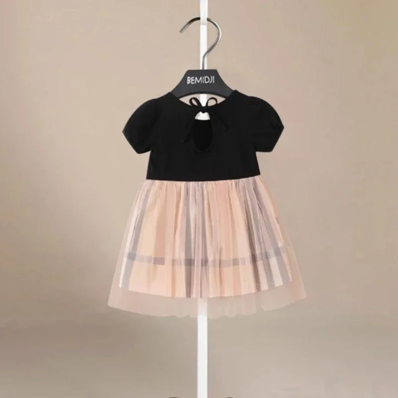 Kids Clothes Girl Kids White Splicing Mesh Contrast  Skirt Short Sleeve Cute Striped Plaid Baby Skirt Girl Summer Princess Dress