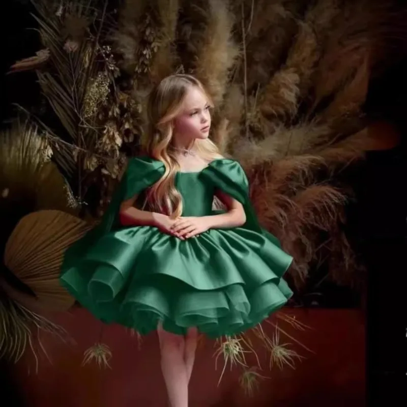 Girls Party Dress Bow Bubble Sleeves Solid Color Fluffy Mesh Princess Birthday Formal Dresses H31201