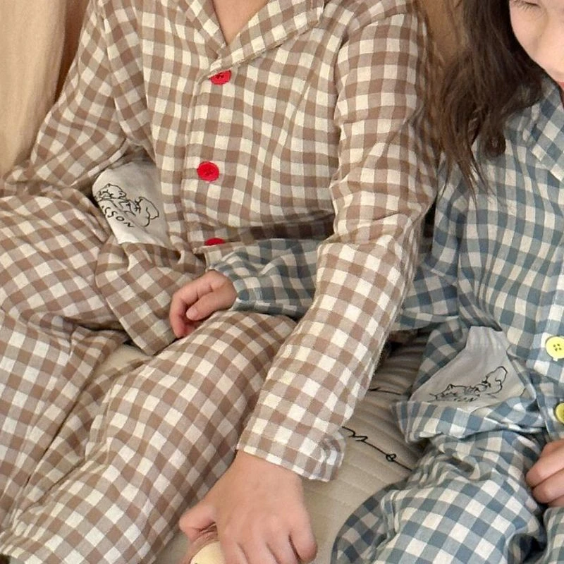 Boys girl pajamas home clothes pure cotton plaid 2024 new autumn long sleeved set comfortable trendy
