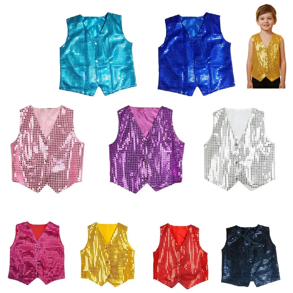 2PCS Children's Sequin Performance Vest,Shiny Checkered Costume, Front Button Closure Dance Apparel for Kids Boys And Girls