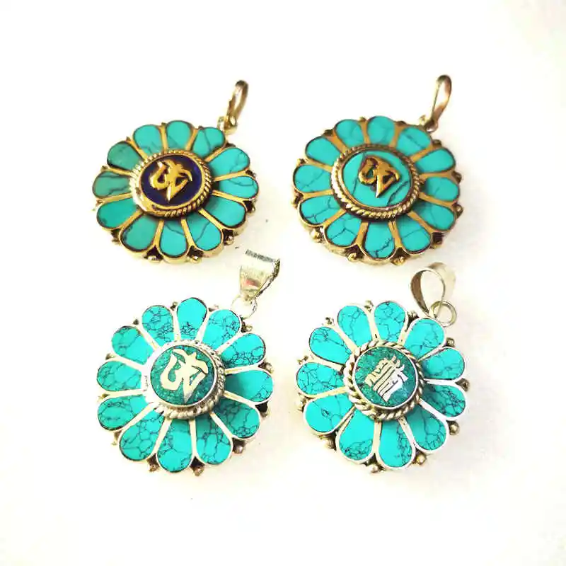 Vintage Flower Lovely Pendants Tibetan Mantras Amulet Copper Inlaid Stone TBP127