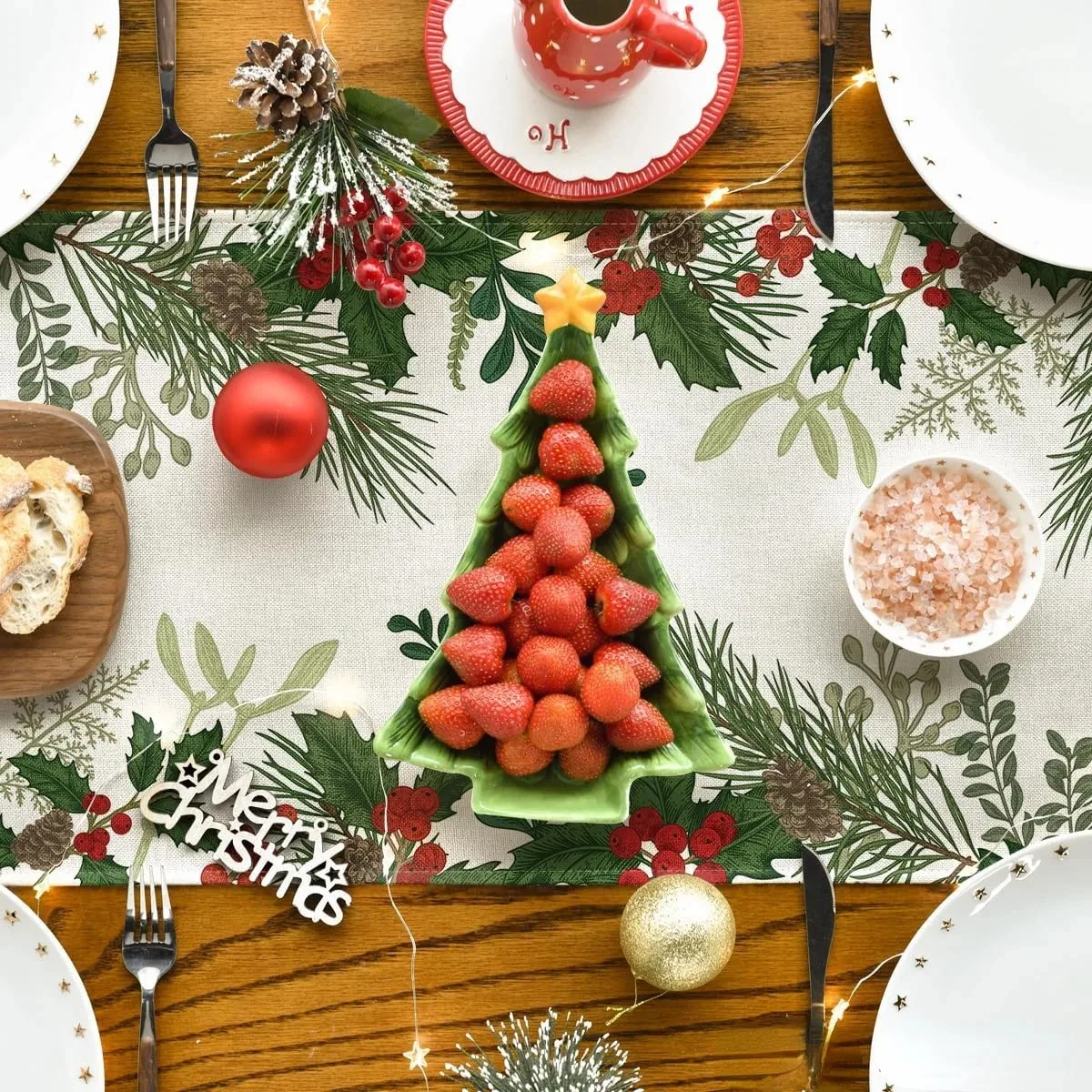 VIKAMA Christmas Pinecones, Holly Berries, Linen Tablecloth Decorative Bands, Winter Christmas Party Decorations, Home Decor