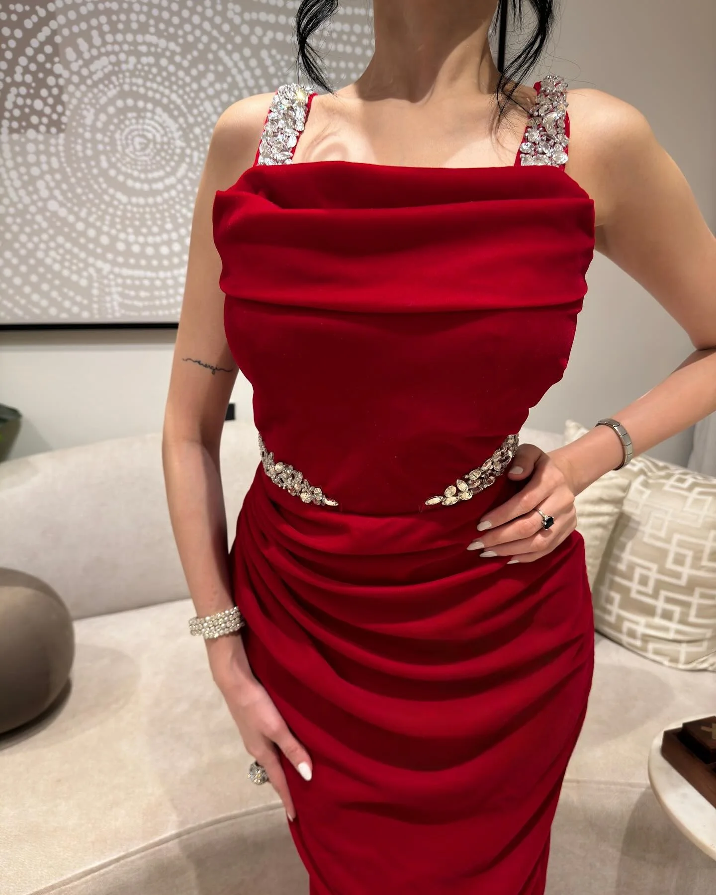 Jirocum Sexy Red Prom Dress Women\'s Spaghetti Strap Crystal Party Evening Gown Ankle Length Side Slit Formal Occasion Dresses