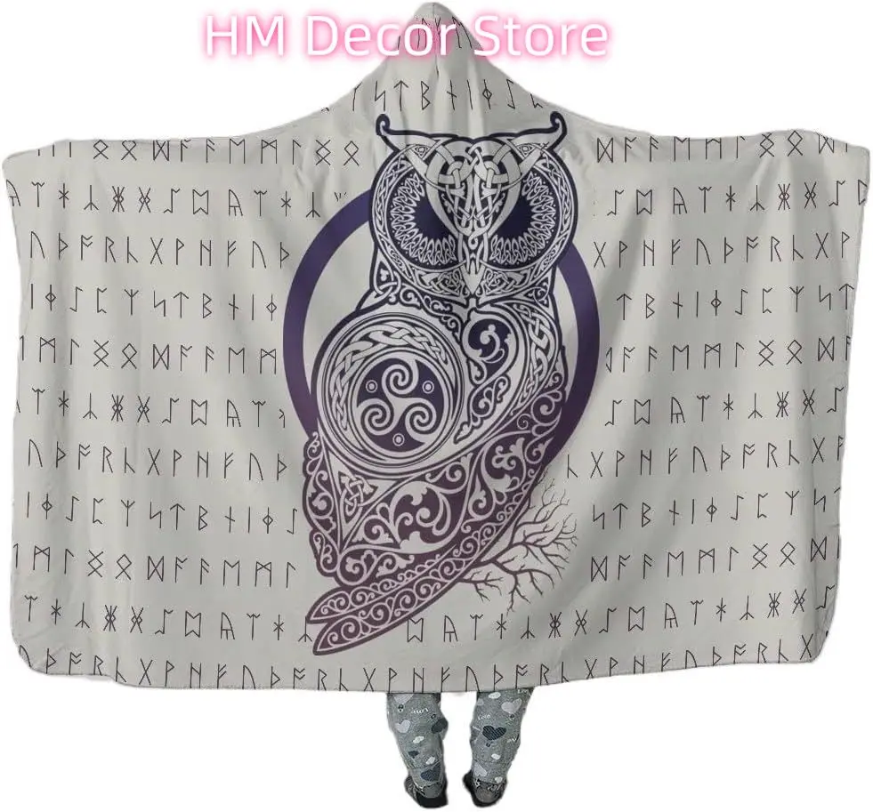 

Одеяло с капюшоном викингов, накидка, скандинавский миф, с рисунком совы, носимое одеяло, уютный теплый плащ с капюшоном, повседневное одеяло викингов для взрослых