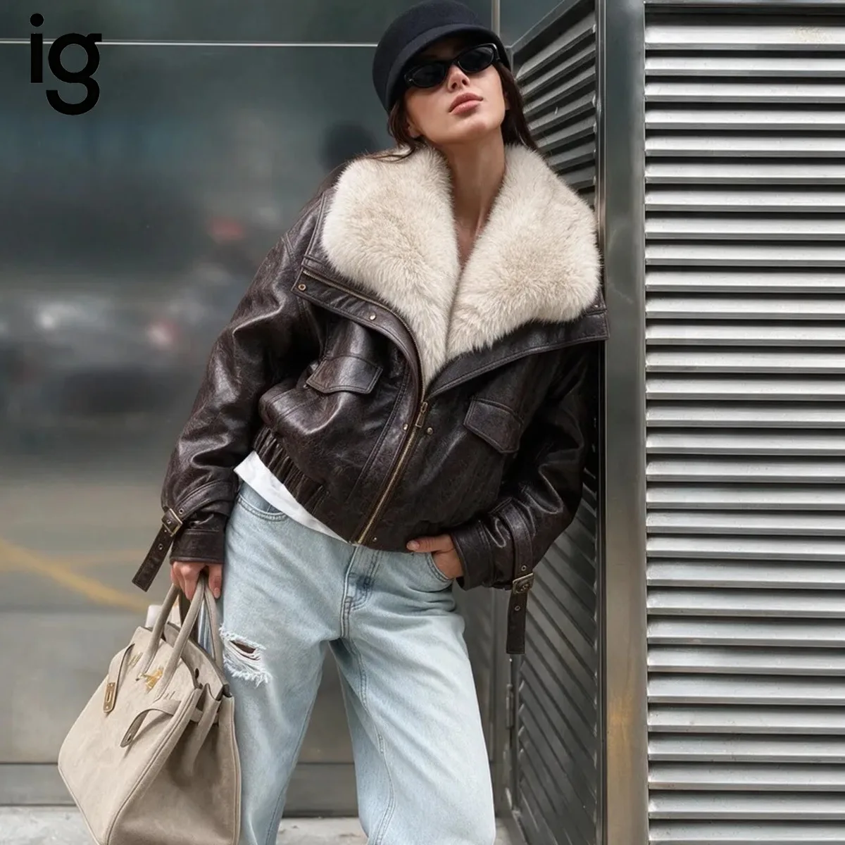 Women Faux Fur Collar Distressed Leather Cropped Bomber Jacket, Zip Front Flap Pockets Cuff Straps, Street Winter Warm Outerwear