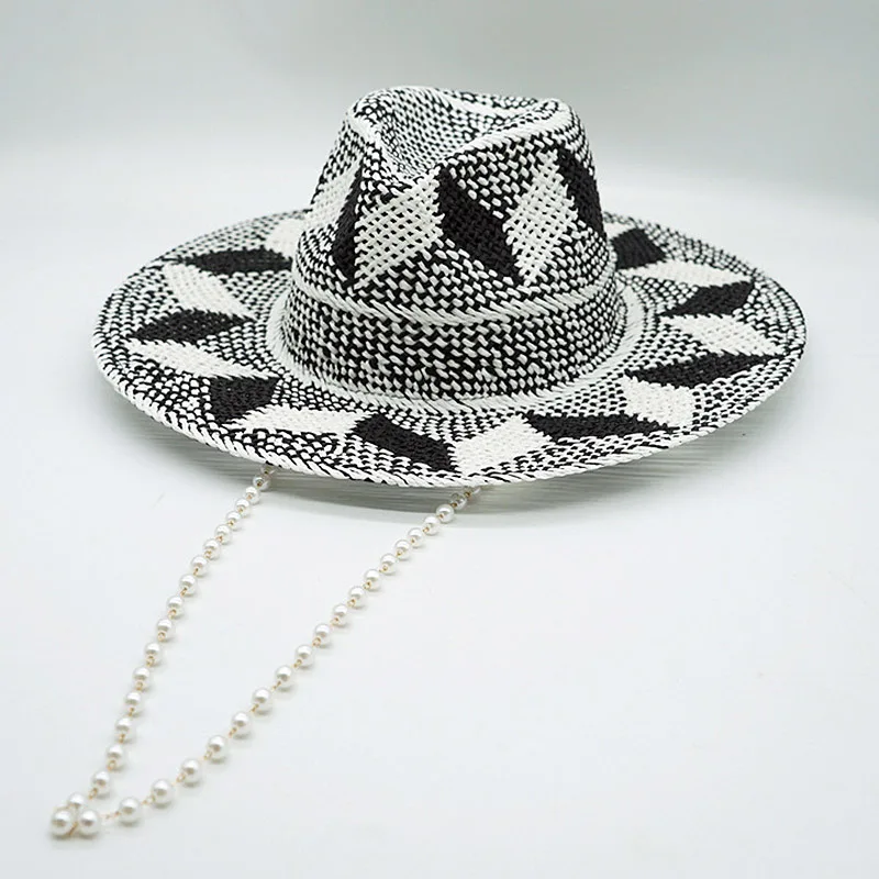 Black White Pattern Toquilla Straw Hats Summer Panama Hats Pearls Chain Sun Hats for Women Men Handmade Fedora Beach Travel Hat