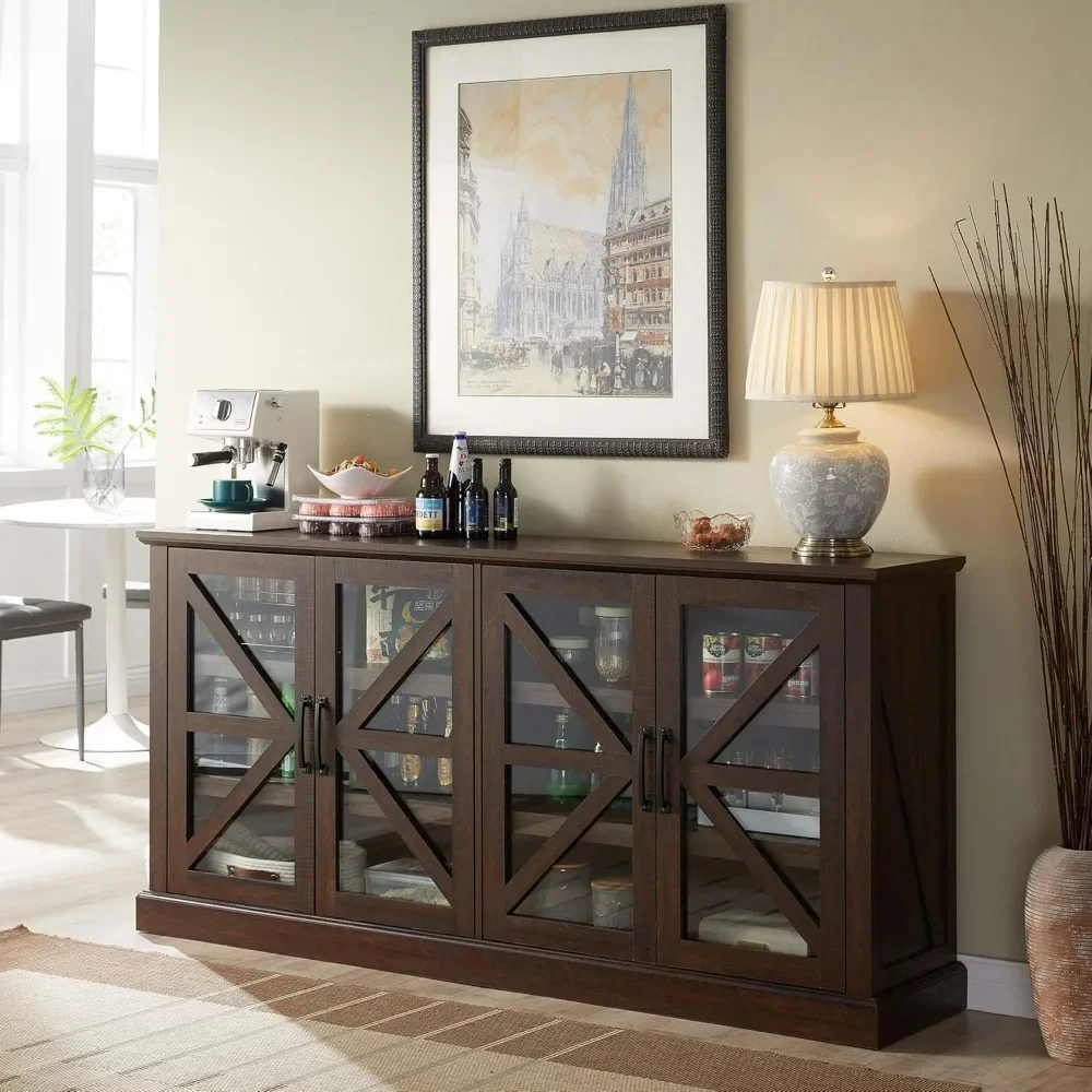 

Farmhouse Buffet Cabinet with Storage, 70" Wood Rustic Sideboard Buffet Cabinet w/4 Glass Barn Doors & Adjustable Shelf