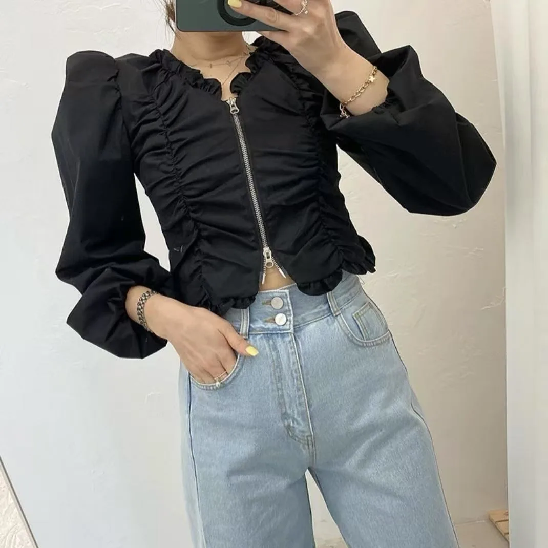 قميص نسائي بأكمام فقاعية قصيرة على الطراز الكوري، أزياء خريفية مبكرة، سترة أنيقة بسحاب وتصميم شخصي، قميص طويل الأكمام ضيق