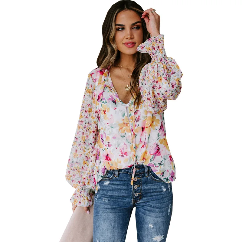 Blusa de manga larga con estampado Floral para mujer, camisa Sexy con cuello en V, estilo bohemio clásico, elegante, 2024