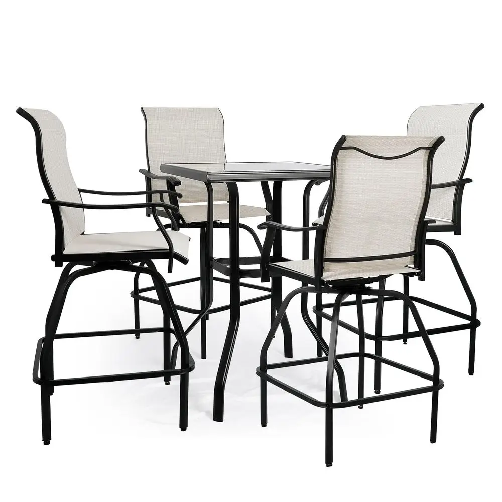 

Patio Bar Set 5pcs Swivel Bar Stools Outdoor Bistro Textilene Furniture Stability AllWeather Set with Height Table 5, Beige Fab