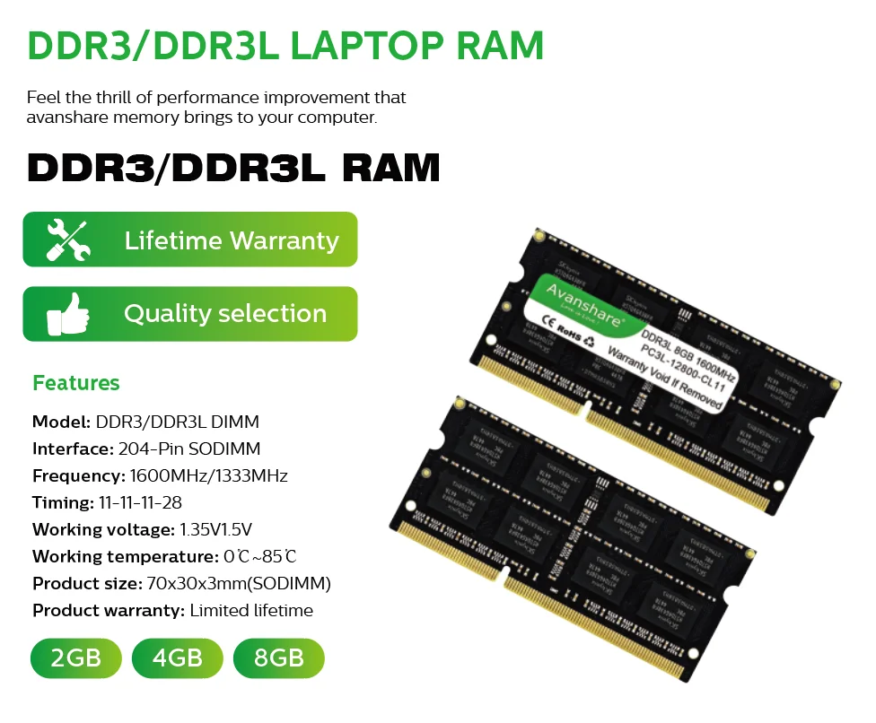 Avanshare Ram Memory Sodimm  DDR3 DDR3L DDR4 4GB 8GB 16GB 32GB 1333MHz 1600MHz 2400MHz 2666MHz 3200MHz PC4 PC3L Laptop Computer