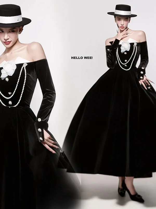 Hebden Style Black One Shoulder Pearl Decorated Long Dress Fashionable Evening Gown for Women Studio New Arrival 2026 Spring