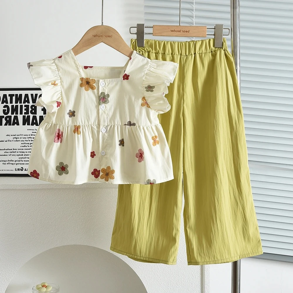 Summer 3-10 Year Old Girl and Teenager Fruit Green Casual Suit with Flower Print Square Neck Top + Wide Leg Pants Two-piece Set