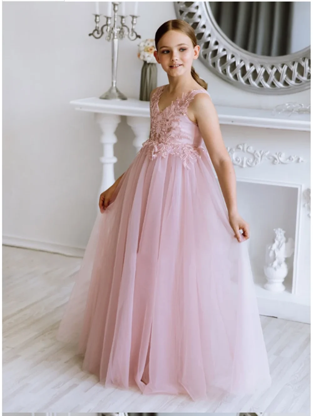 

Pink Flower Girl Dresses Tulle Appliques With Bow Sleeveless For Wedding Birthday Party Banquet Princess Gown