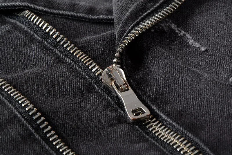Men\'s Jacket Zippers Black Denim Jean Biker Jacket Motorcycle Vintage Epaulet Holes Ripped Distressed Coat for Men