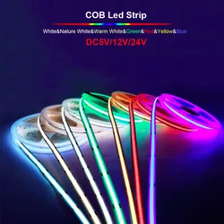 DC5V 12V 24V COB LED Strip Light 320 480 LED nastro Led flessibile ad alta densità nastro 8mm larghezza RA90 blu ghiaccio bianco rosso verde rosa