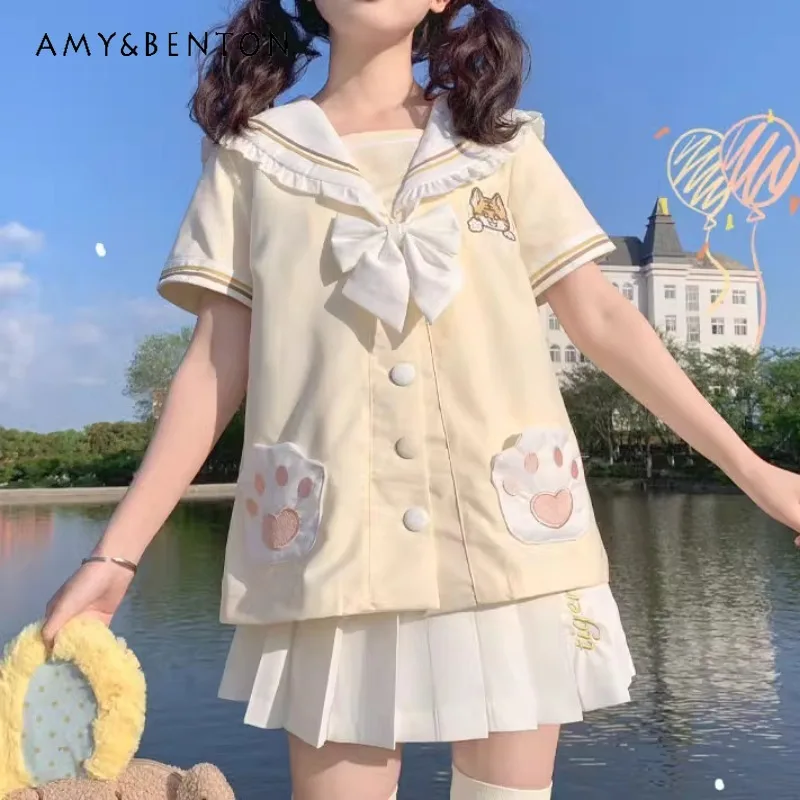 2024 Spring Summer Japanese JK Uniform Sailor Outfit Sweet Cute Student Yellow Short Sleeves Top White Skirt Cartoon 2 Piece Set