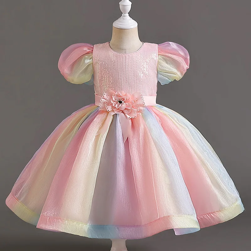 Children\'s dress gauze puffed sleeve court style skirt gradient dinner dress elegant and fashionable #T003