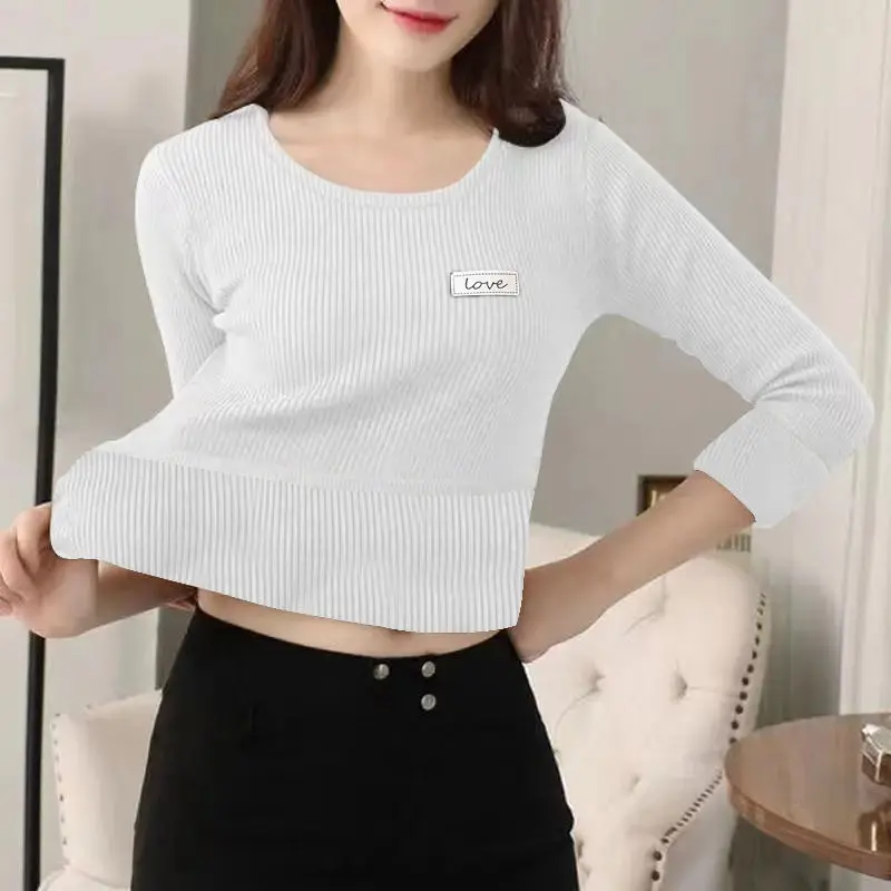 

Women's Autumn Fashion Simplicity Solid Color Screw Thread O-neck Long Sleeve T-Shirt Women Clothes Elegant All-match Slim Tops