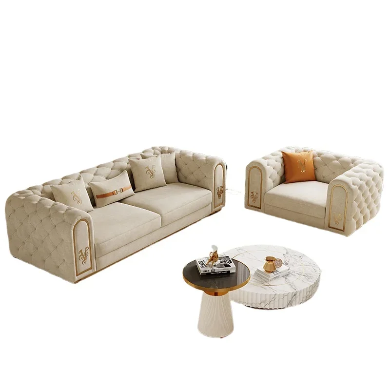 Italian style luxury leather sofa set villa modern living room button tufted sofa set