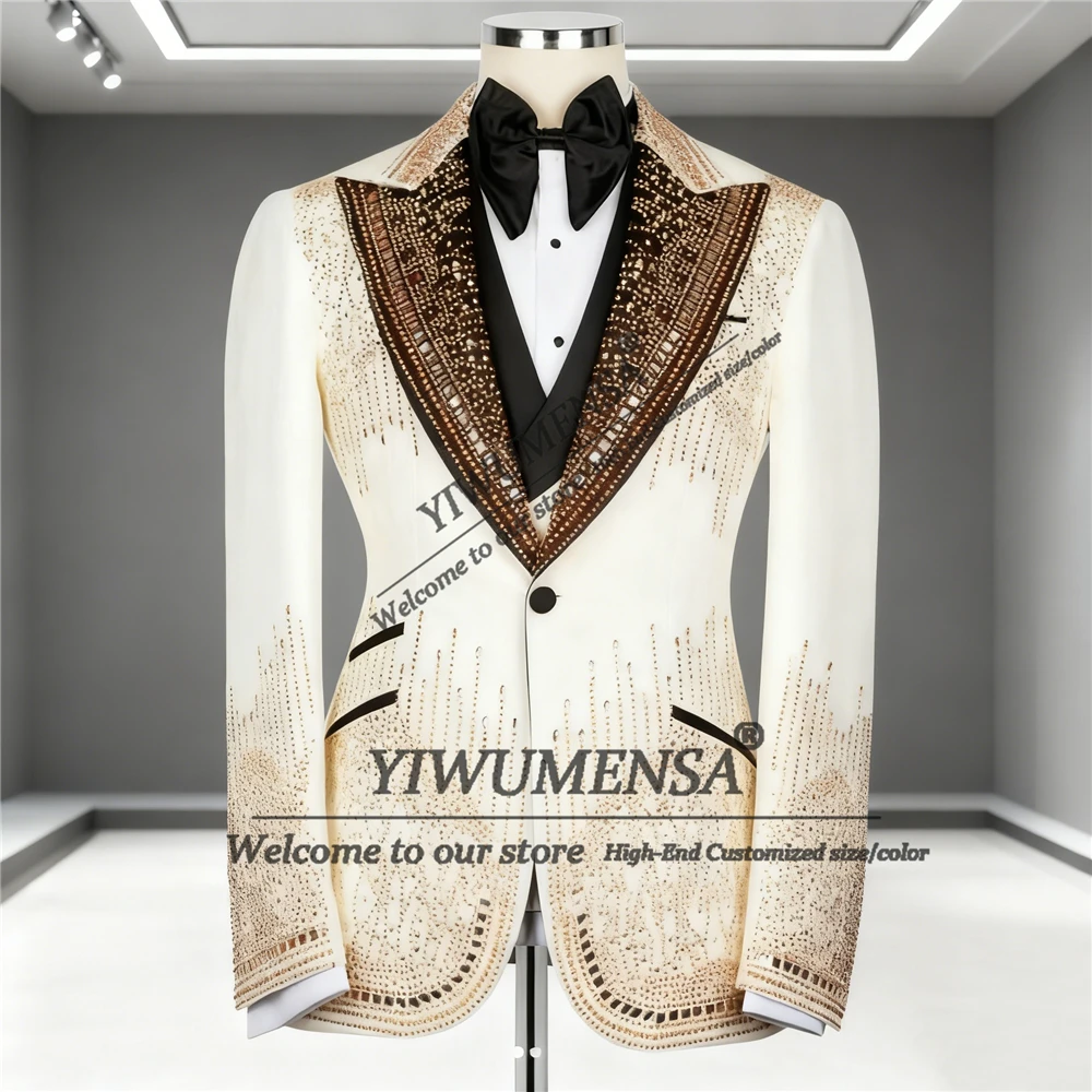 

Glittering Beads Stones Suits Men 3 Piece Sets Single Breasted Jacket Vest Pants Customized Groom Formal Wedding Tuxedos Outfit