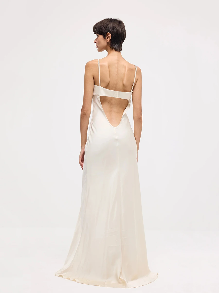 REDDACHiC Satijn Witte Feestjurk Vrouwen Vierkante Beha Backless Hemdje Bodycon Maxi Lange Jurk Bruiloft Gast Elegante Formele Kleding