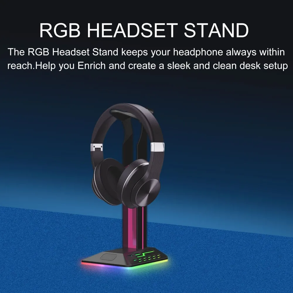 2 USB 2.0 Ports Universal Desktop RGB Headphone Stand Multi Light Mode Adjustable Gaming Headset Holder LED Headphone Holder