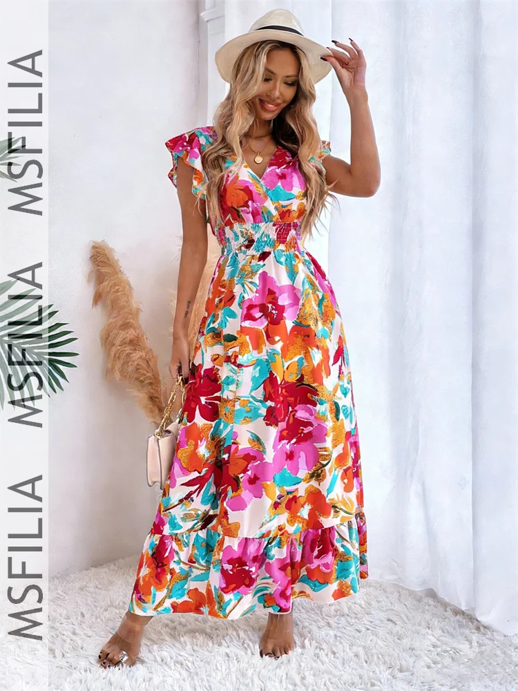Msfilia Frühling Sommer Mode Langes Bedrucktes Kleid Damen Casual V-Ausschnitt Bedrucktes A-Linien-Kleid für Frauen