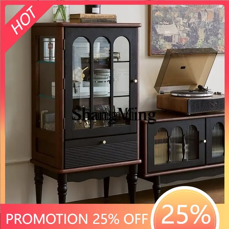 FG  good-looking retro solid wood coffee table TV cabinet black living room storage floor locker
