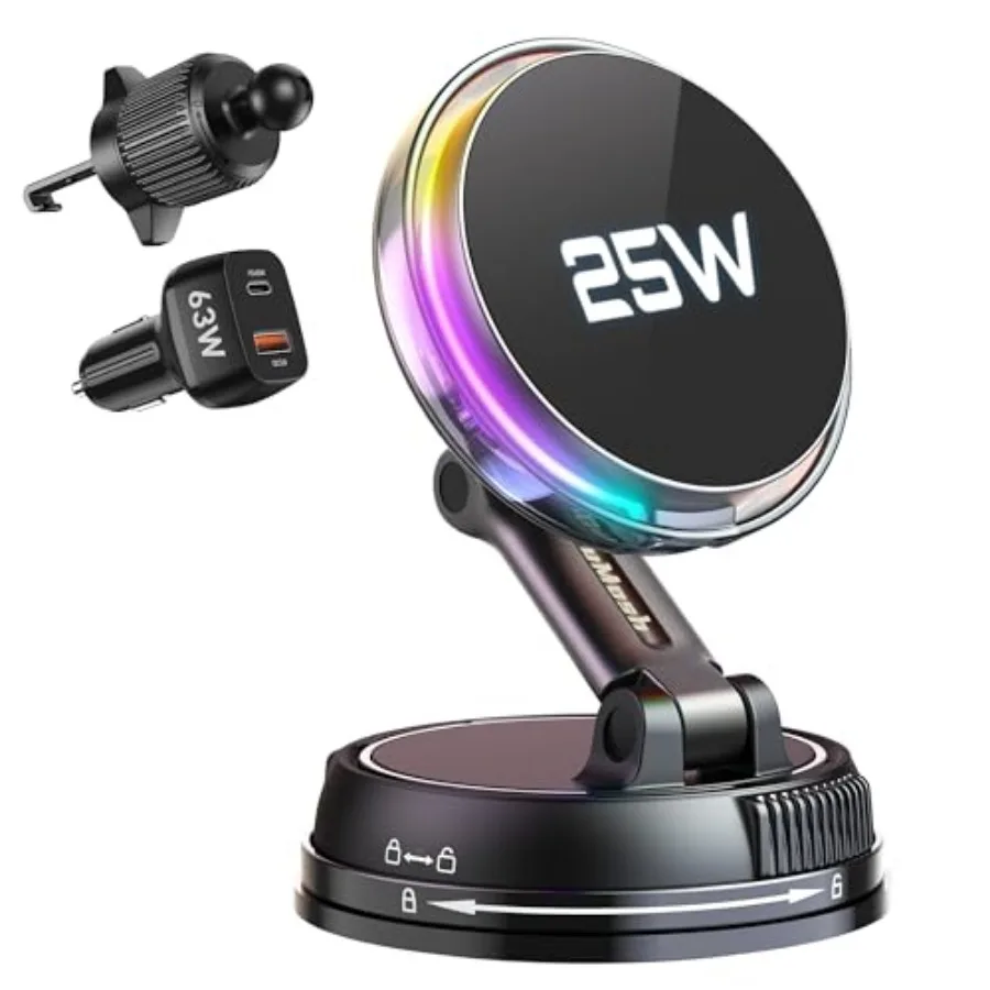 

Беспроводное автомобильное зарядное устройство Qi2.2 25W MagSafe с креплением [вентилятор для охлаждения телефона и RGB-подсветка], с вакуумным креплением 78+ фунтов на кв. дюйм, 360° вращение ° Ротабаттл