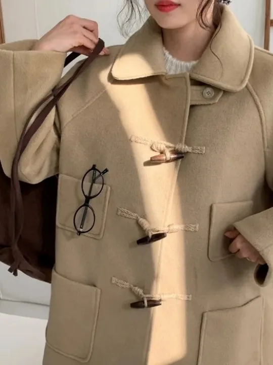 

Korean Sle Winter Vintage Woolen Coat Women's Loose Tailored Coat Button up Lapel Long Sve mid Length Thiened Outerwear