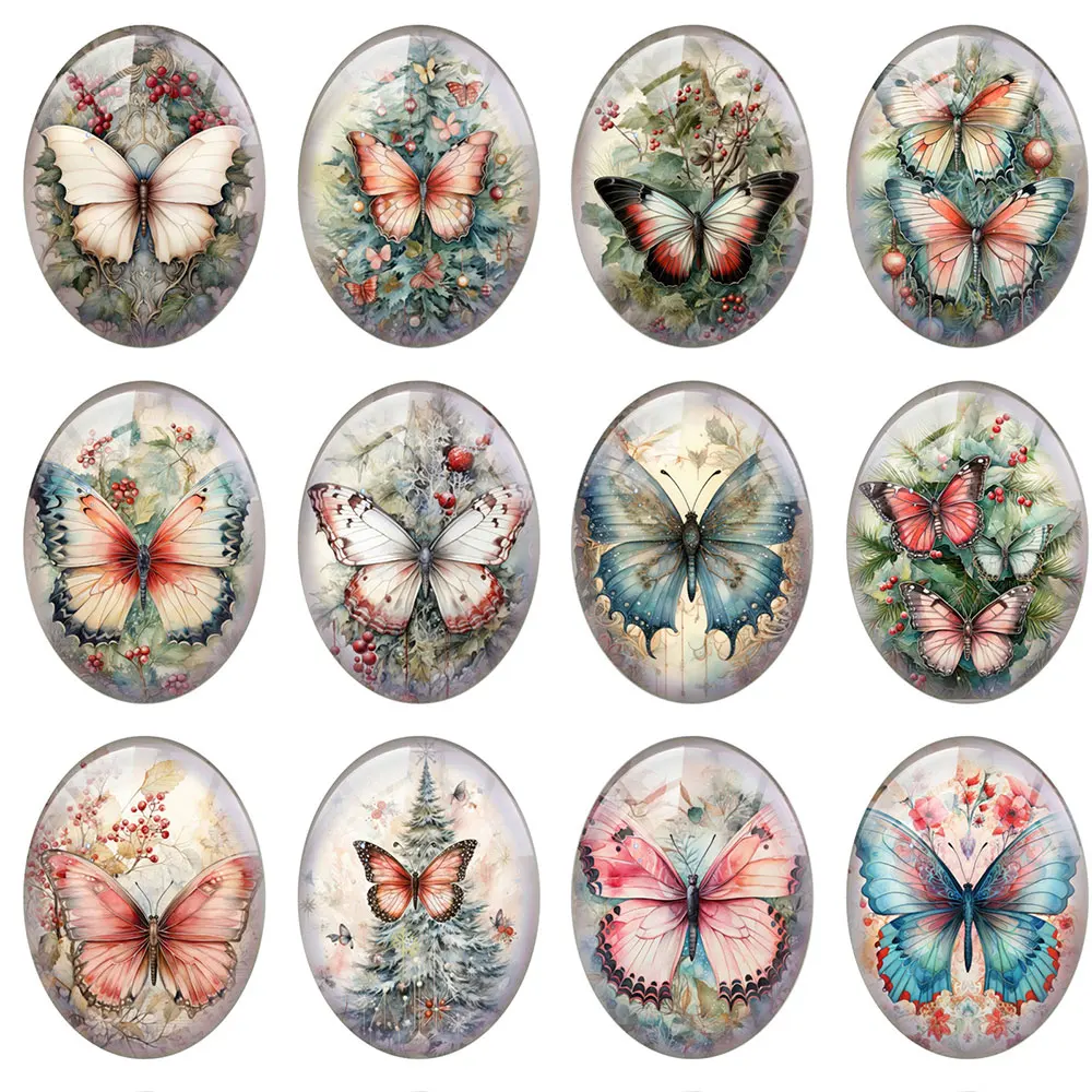 10pcs/lot Christmas X-mas Winter Butterflies Oval Photo Glass Cabochon Charms Flatback Demo Cameo For Diy Jewelry Making