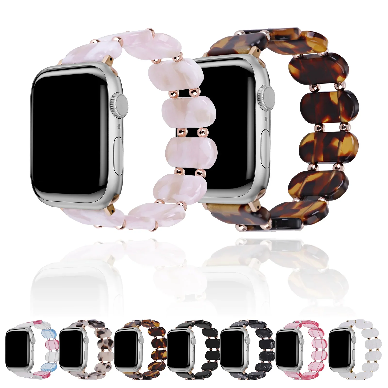 Resin strap for Apple Watch band 46mm 41 42 45 49mm Women\'s elastic ring strap metal bead suitable for iWatch serie 10 9 8SE 6 5