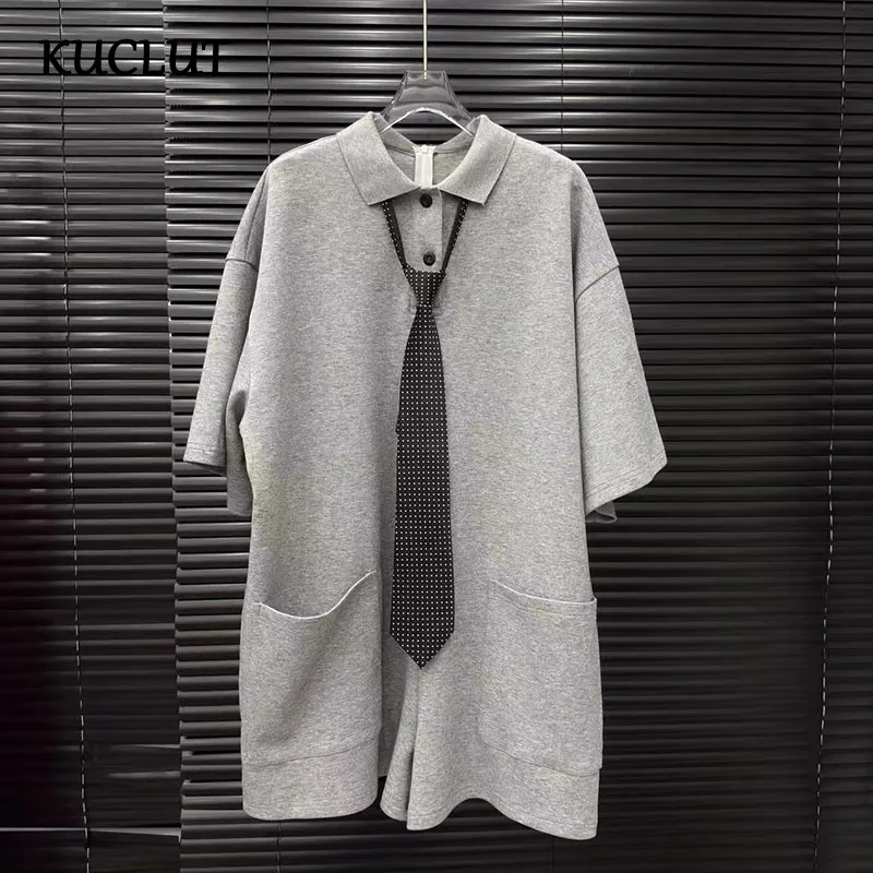 

KUCLUT Fashion Women's Clothing Niche Design Loose Jumpsuit Solid Color Casual Lapel Short Sleeve Rompers Female Trendy 1A27502