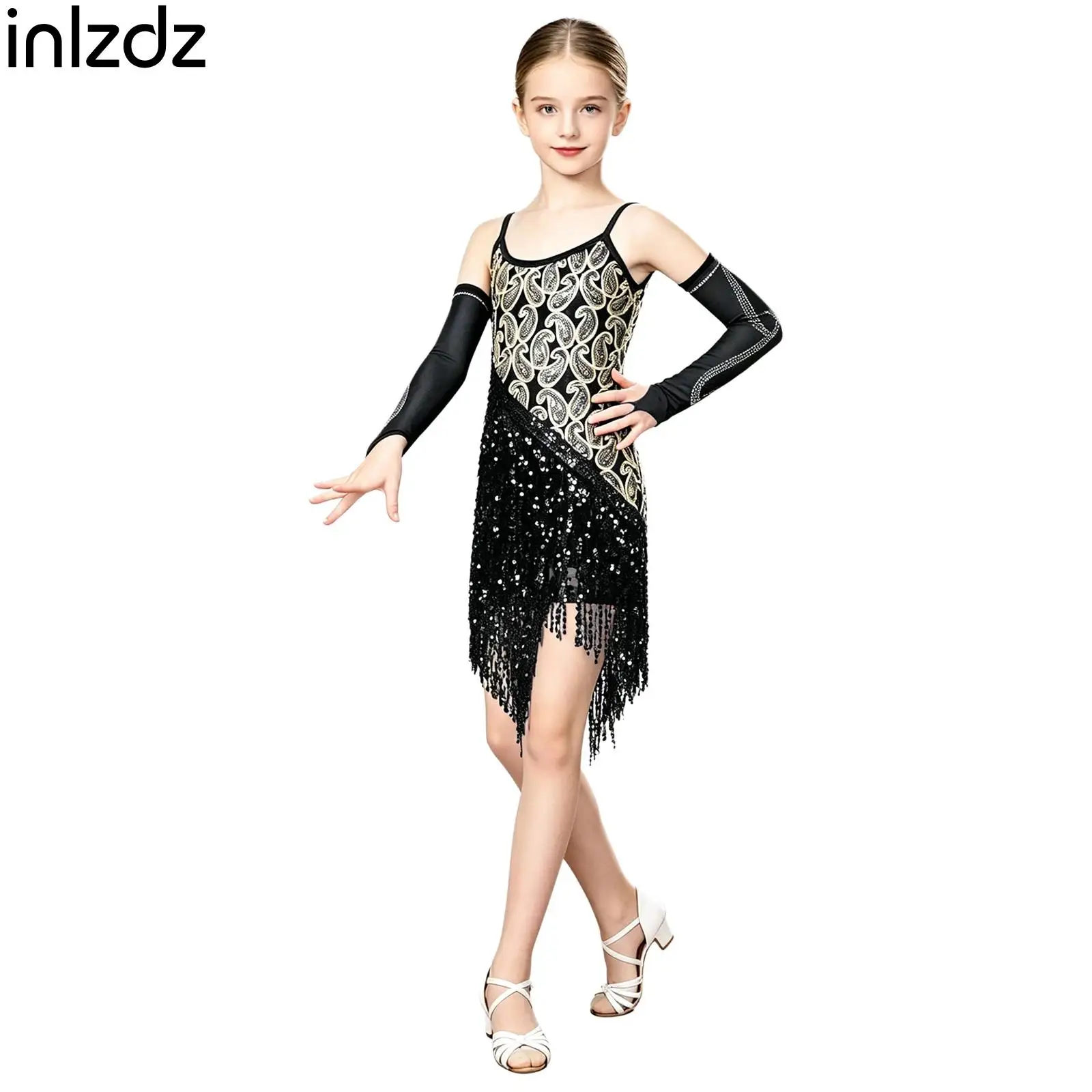 

Kids Girls Salsa Cha-cha Latin Dance Outfit Adjustable Spaghetti Straps Sequin Tassel Salsa Dress with Rhinestone Gloves