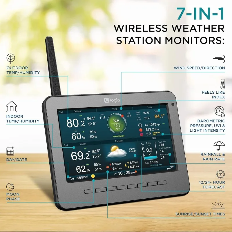 7-in-1 Wireless Self-Charging Weather Station with Wi-Fi®, Solar Cell & 7” HD Color Display Console | Measures Temperature