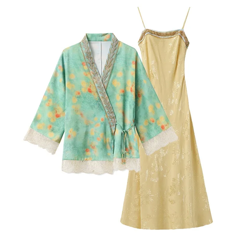 2025 Summer Chinese Embroidery Set, Green Jacquard Kimono with Slip Dress Women's Elegant Two Piece Outfit