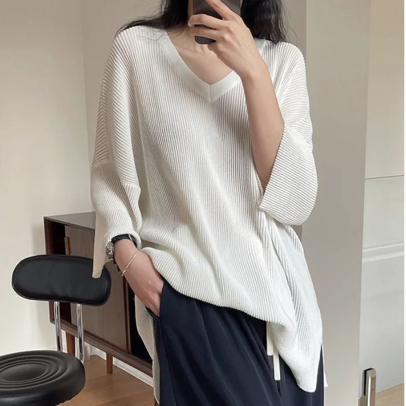 Fashion Thin Split Hem T Shirt Tops Summer Half Sleeve V Neck Solid Loose All-match Pullovers Street Casual Trend Women Clothing